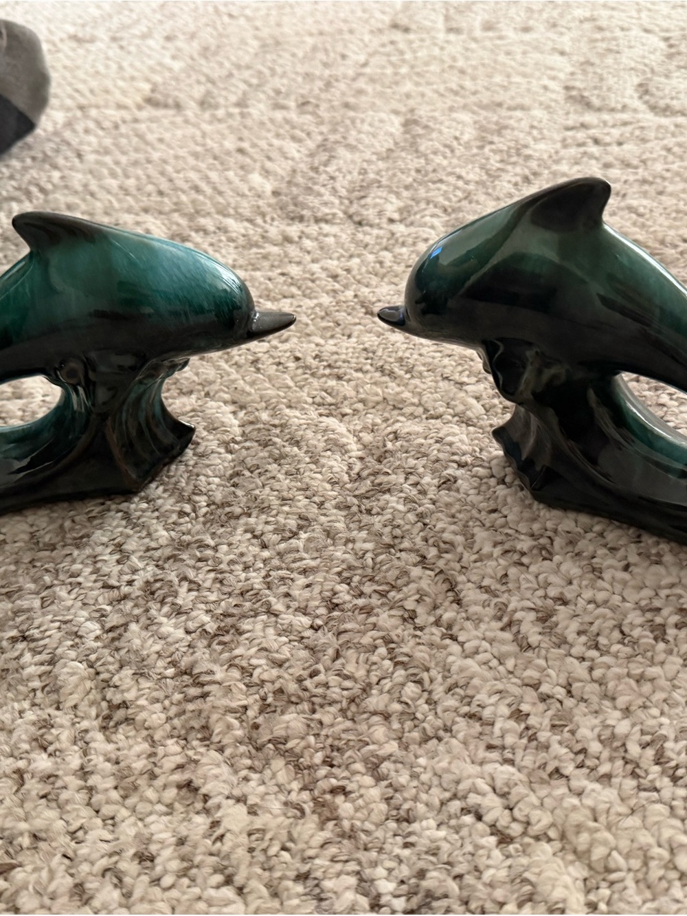 Pair of Green Glazed Ceramic Dolphin Sculptures